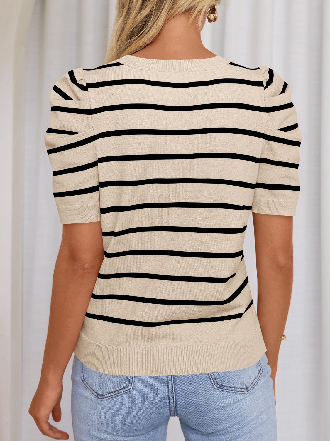 Striped Round Neck Puff Sleeve Knit Top - Elegant 21