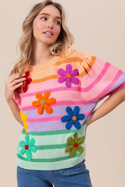 BiBi Flower Patch Puff Sleeve Striped Sweater - Elegant 21