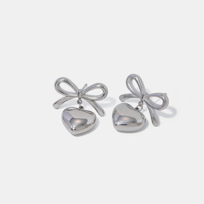 Stainless Steel Bow & Heart Drop Earrings - Elegant 21