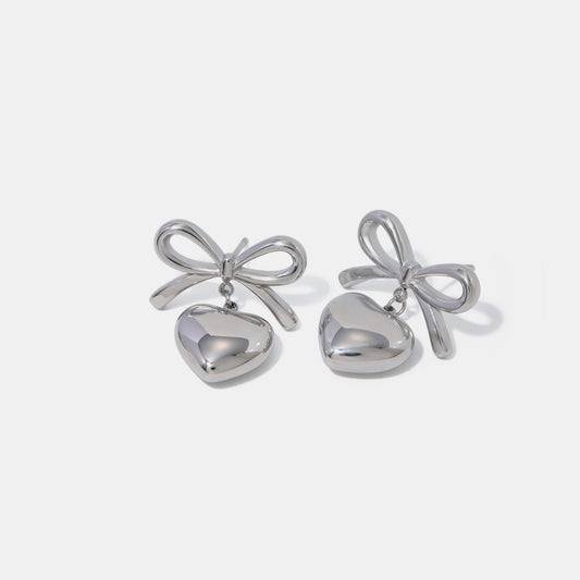 Stainless Steel Bow & Heart Drop Earrings - Elegant 21