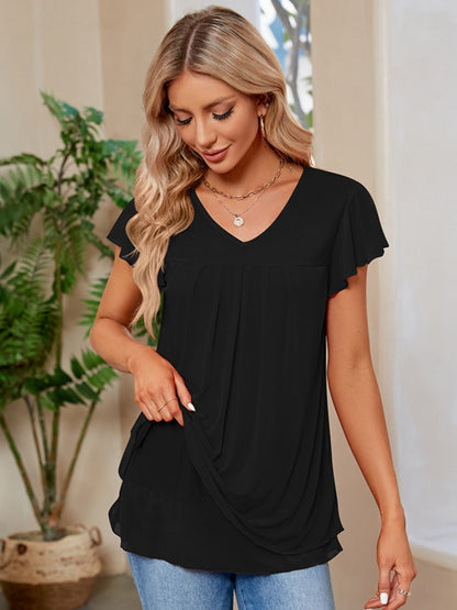 Ruched V-Neck Short Sleeve T-Shirt - Elegant 21