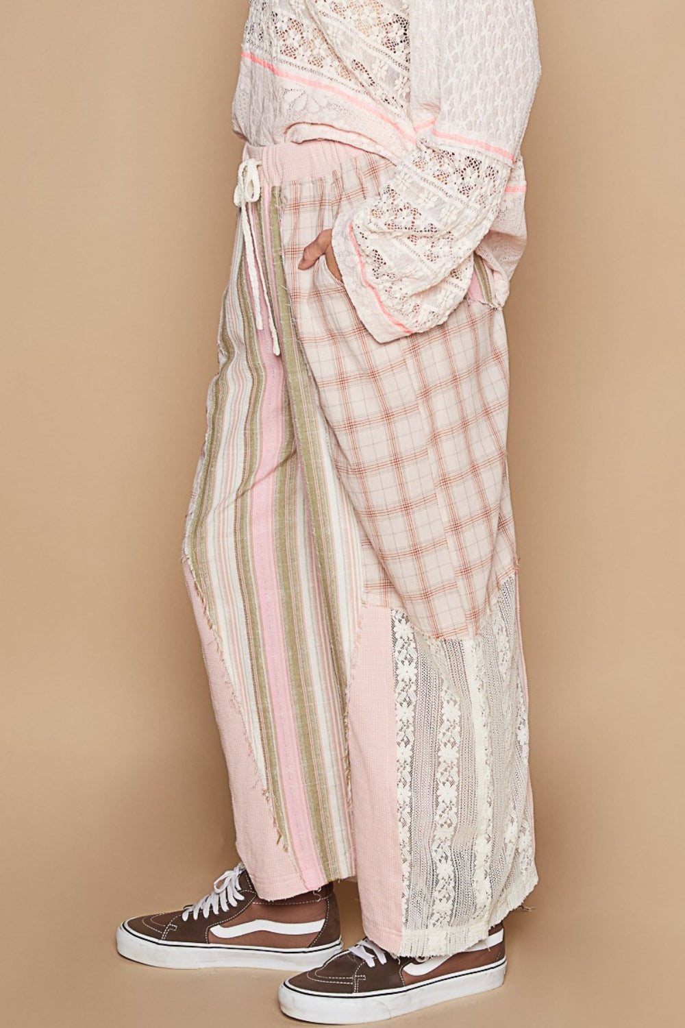 POL Drawstring Plaid Print Lace Straight Pants - Elegant 21