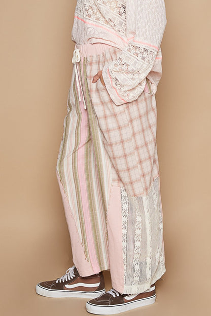 POL Drawstring Plaid Print Lace Straight Pants - Elegant 21