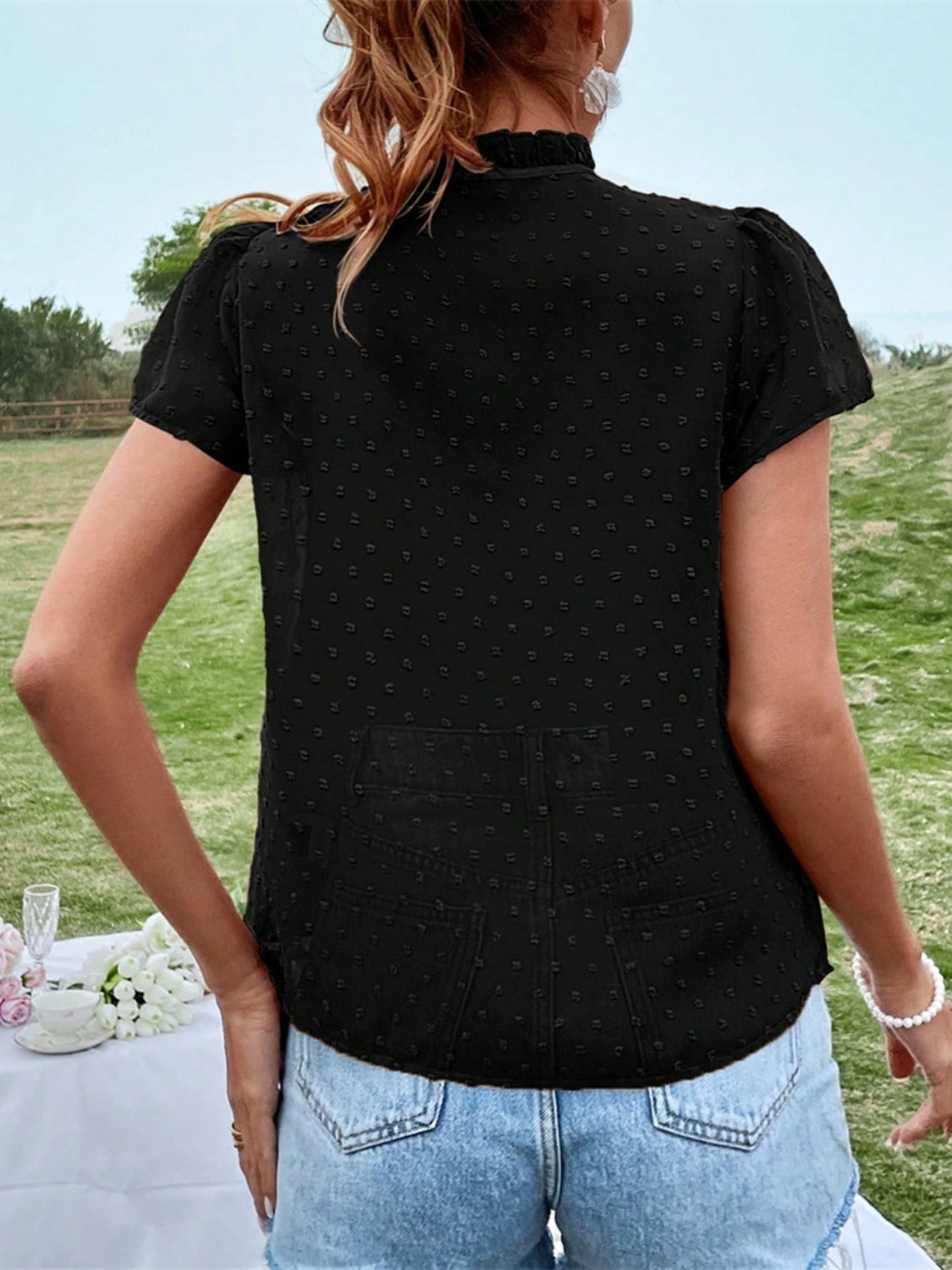 Frill Swiss Dot Tie Neck Short Sleeve Blouse - Elegant 21