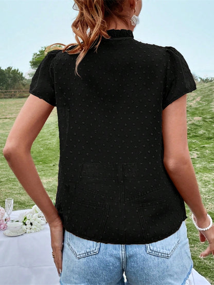 Frill Swiss Dot Tie Neck Short Sleeve Blouse - Elegant 21