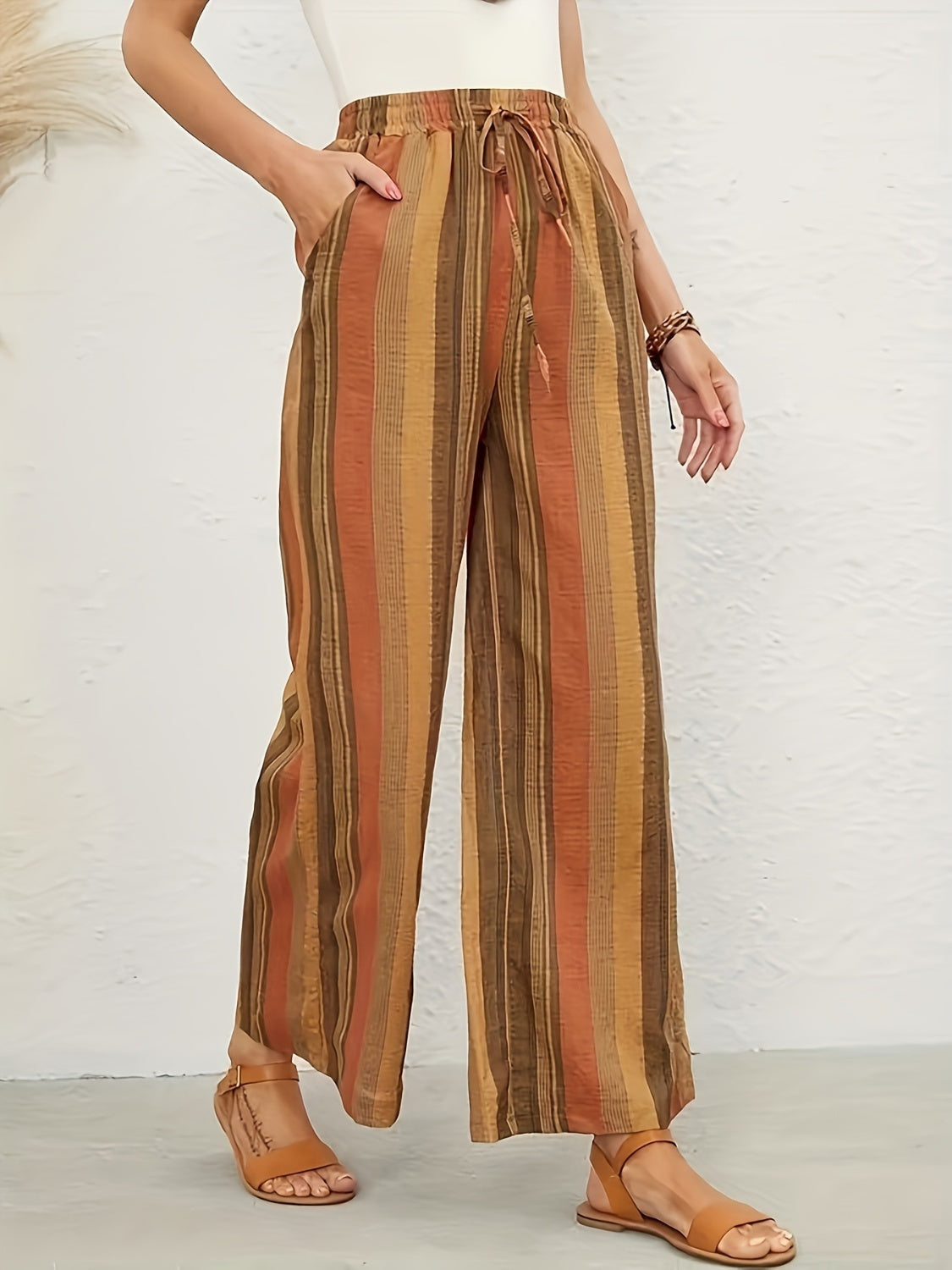 Full Size Drawstring Striped Wide Leg Pants - Elegant 21