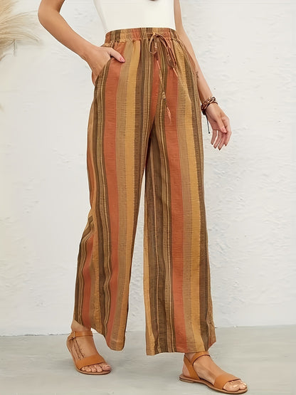 Full Size Drawstring Striped Wide Leg Pants - Elegant 21