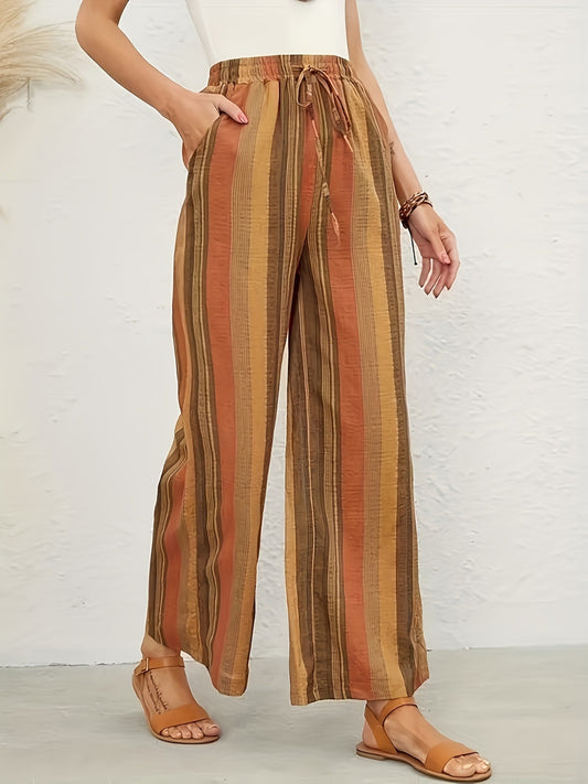 Full Size Drawstring Striped Wide Leg Pants - Elegant 21