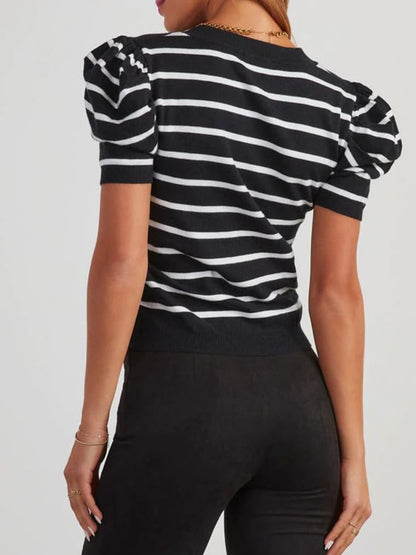 Striped Round Neck Puff Sleeve Knit Top - Elegant 21