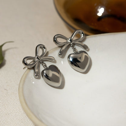 Stainless Steel Bow & Heart Drop Earrings - Elegant 21